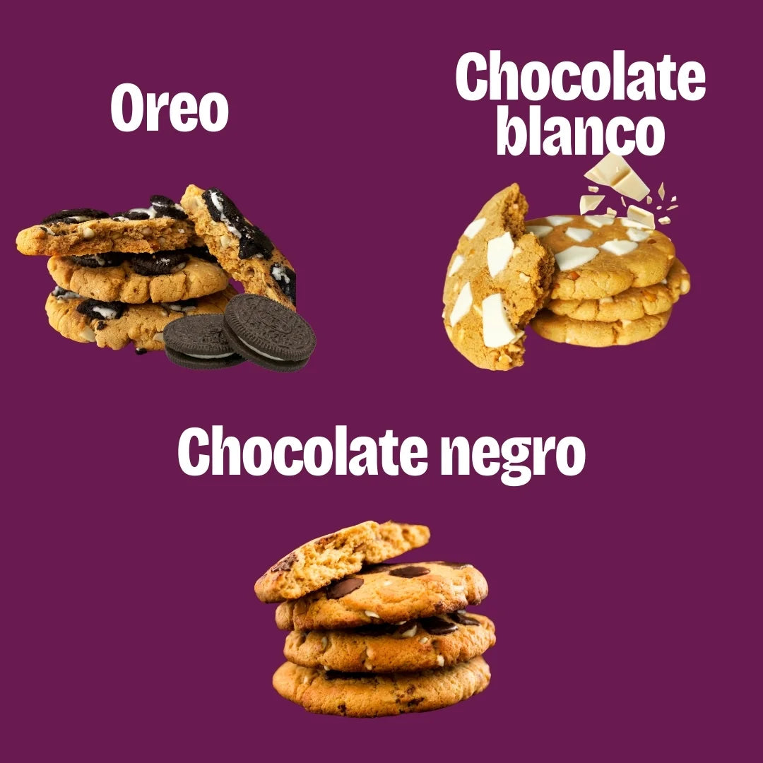 Sabores de galleta con proteína saludables, sin azúcar, alta en fibra, bajas en calorías. Sabores chocolate blanco, chocolate oscuro y Oreo