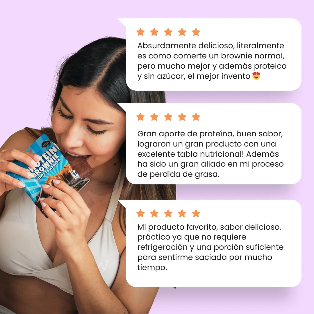 Testimonios de clientes que han probado el brownie con proteína, sin azúcar, bajo en calorías