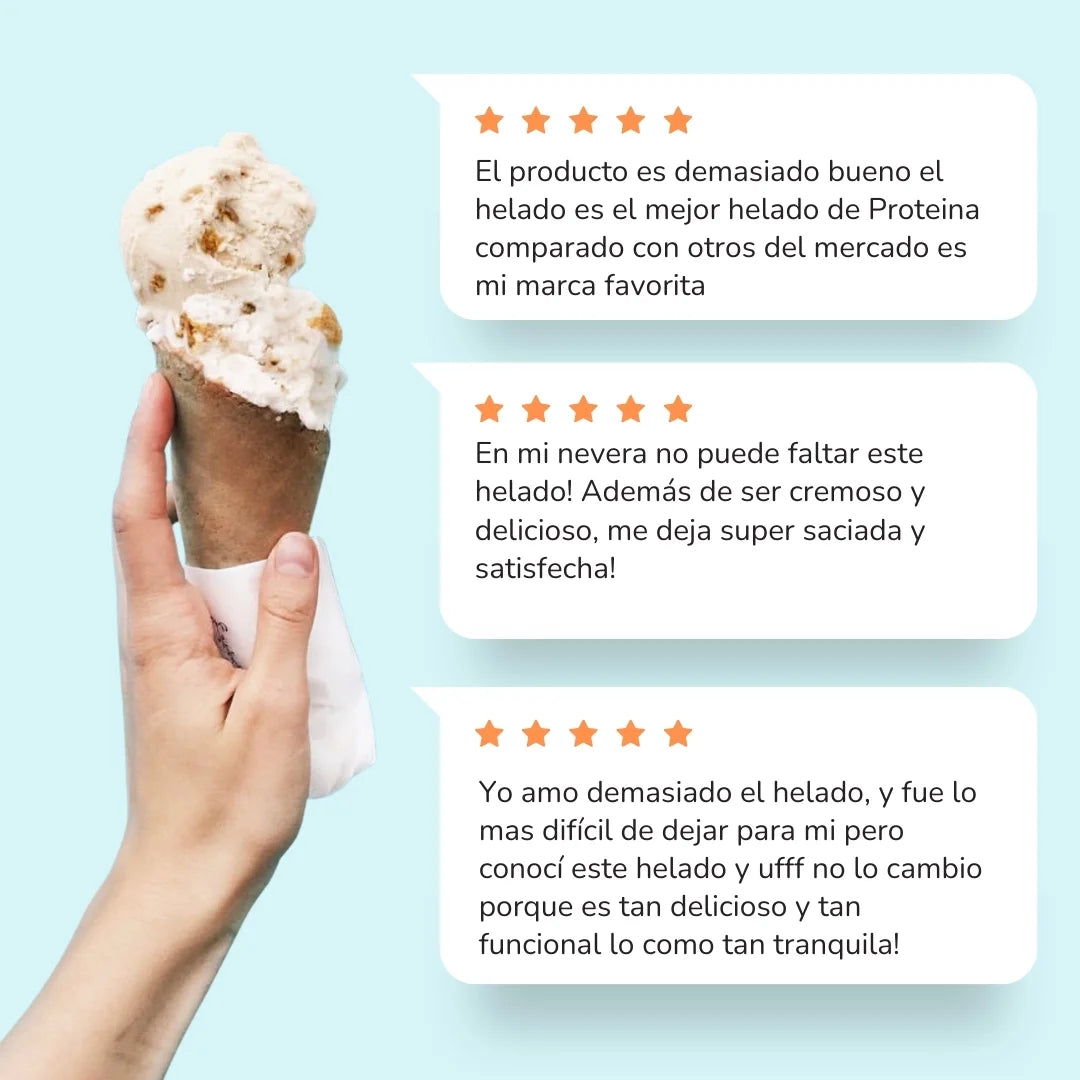 Testimonios de clientes que han probado helados con proteína saludables, sin azúcar, bajos en caloría. De sabores a chocolate oscuro y yogurt con keto blondie