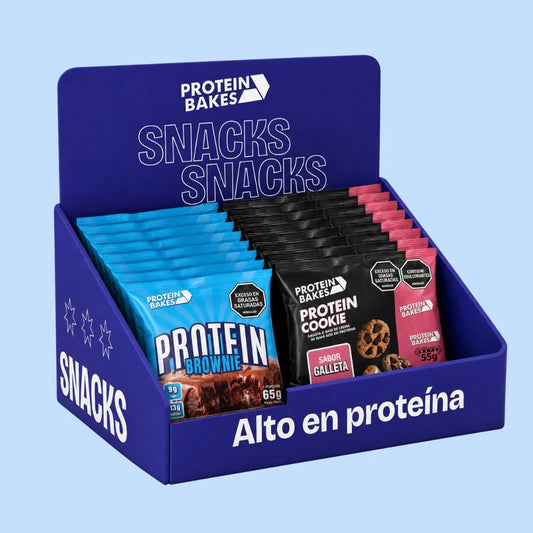 Caja de snacks con proteína, brownies bajos en calorías y galletas sin azúcar añadida con fibra. Snacks saludables