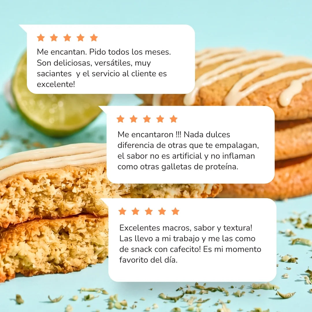 Testimonios de clientes que han probado las galletas con proteína, sin azúcar, bajas en calorías, con sabor a pie de limón
