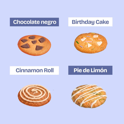 Galletas variadas con proteína sabor a chocolate negro, birthday cake, cinnamon roll y pie de limón