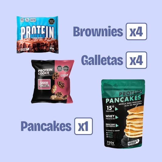 Combo de brownie con proteína, galletas con proteína, sin azúcar, pancakes saludables con stevia