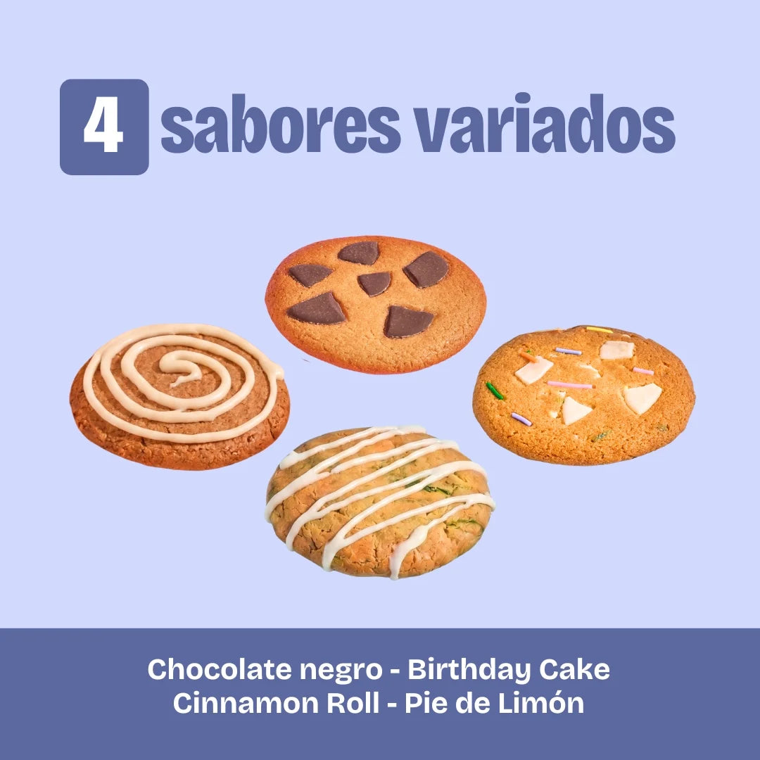 Combo de galletas con proteína, bajas en azúcar y bajas en calorías. Sabor: Birthday cake, pie de limón, chocolate negro, cinnamon roll