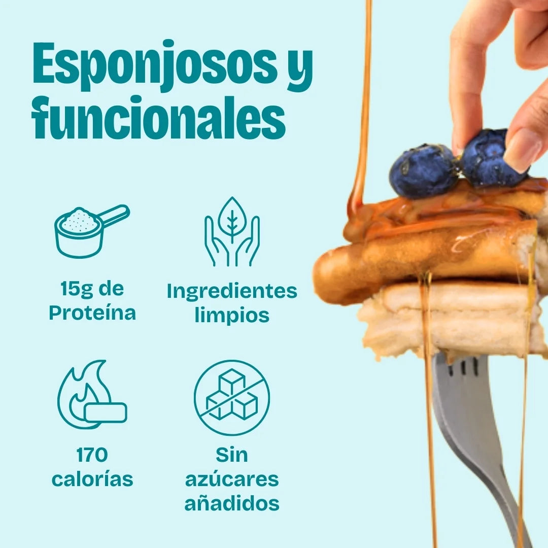 Beneficios de pancakes con proteína, sin azúcar, bajos en calorías, con sabores a arequipe, banano y vainilla