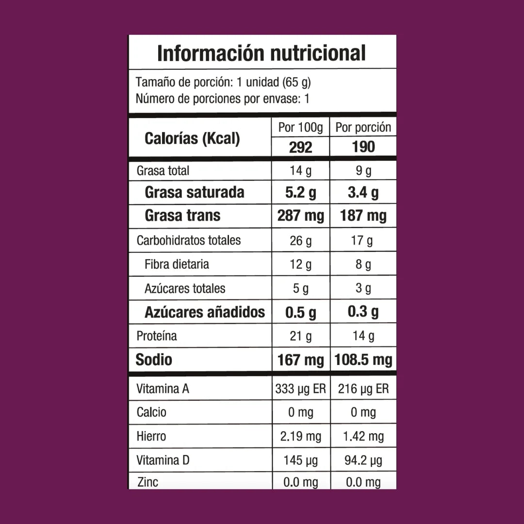 Tabla nutricional galleta con proteína, saludable, sin azúcar, sabor chocolate chip, baja en calorías