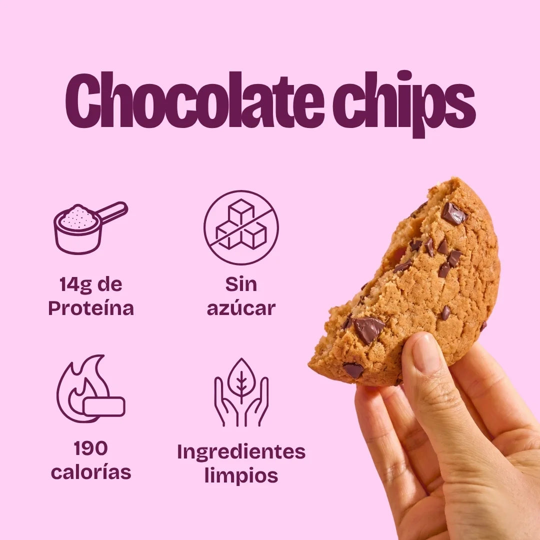 Características galleta con proteína, saludable, sin azúcar, sabor chocolate chip, baja en calorías