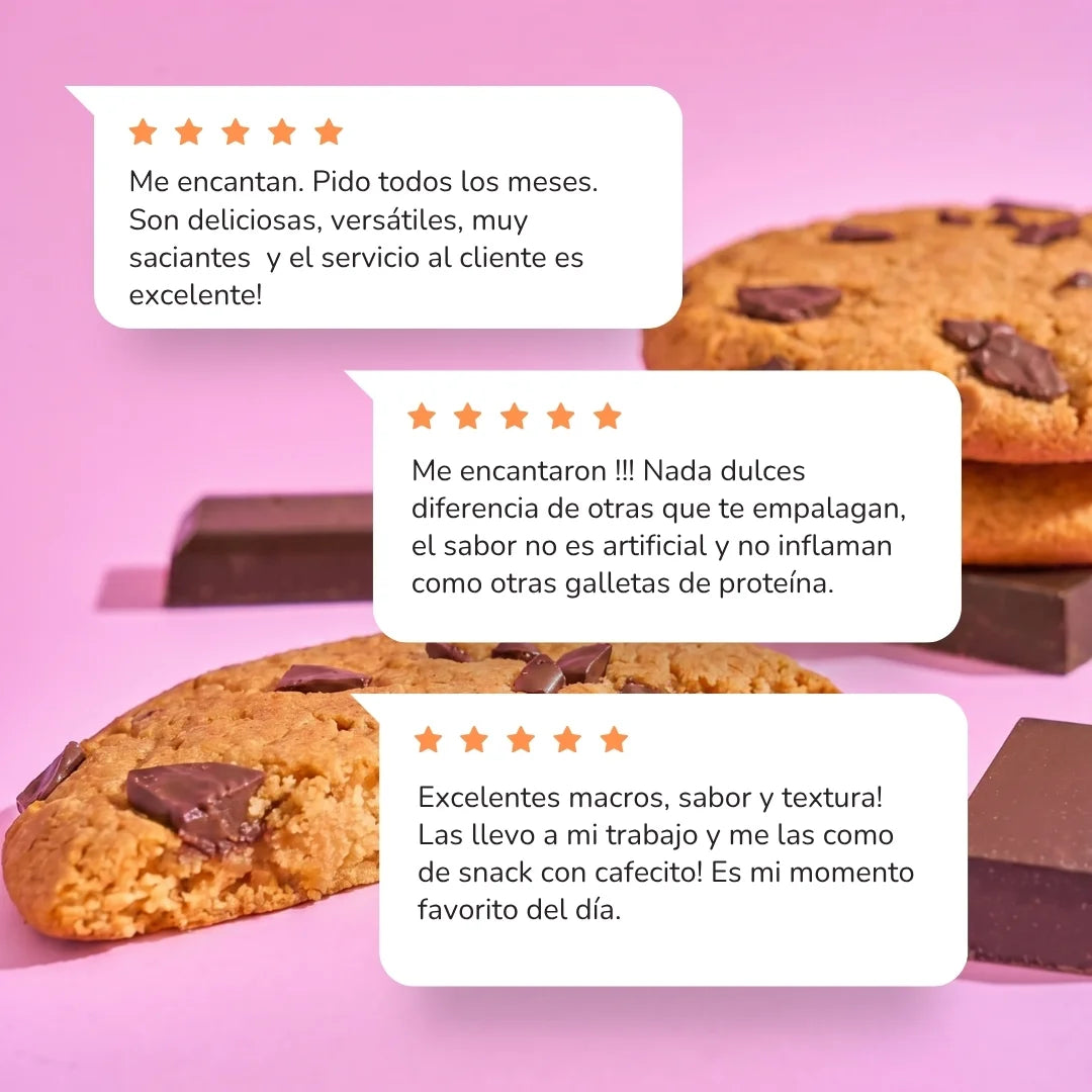 Testimonios de clientes galleta con proteína, saludable, sin azúcar, sabor chocolate chip, baja en calorías