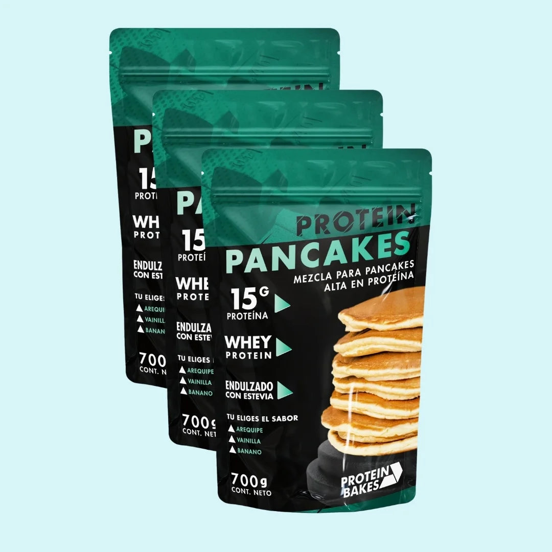Pancakes con proteína saludables en combo por 3 unidades, sin azúcar, bajos en calorías. De sabores a arequipe, banano y vainilla