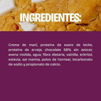 Ingredientes de galletas con proteína saludables, sin azúcar, altas en fibra, bajas en calorías. De sabores a chocolate blanco, chocolate oscuro y oreo