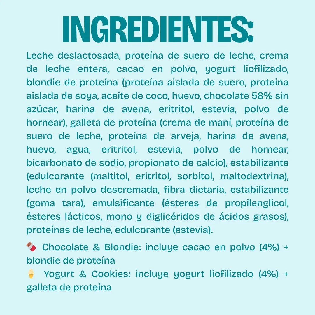 Ingredientes de helados con proteína saludables, sin azúcar, bajos en calorías. De sabores chocolate oscuro o yogurt y keto blondie