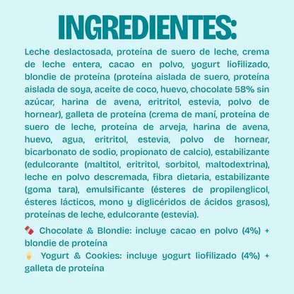Ingredientes de helados con proteína saludables, sin azúcar, bajos en calorías. De sabores chocolate oscuro o yogurt y keto blondie