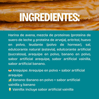 Ingredientes de pancakes con proteína saludables, sin azúcar, bajos en calorías. De sabores a Arequipe, banano y vainilla