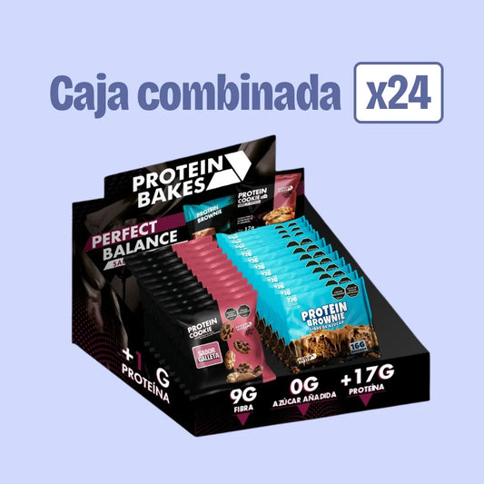 Caja de snacks con proteína, brownies bajos en calorías y galletas sin azúcar añadida con fibra. Snacks saludables