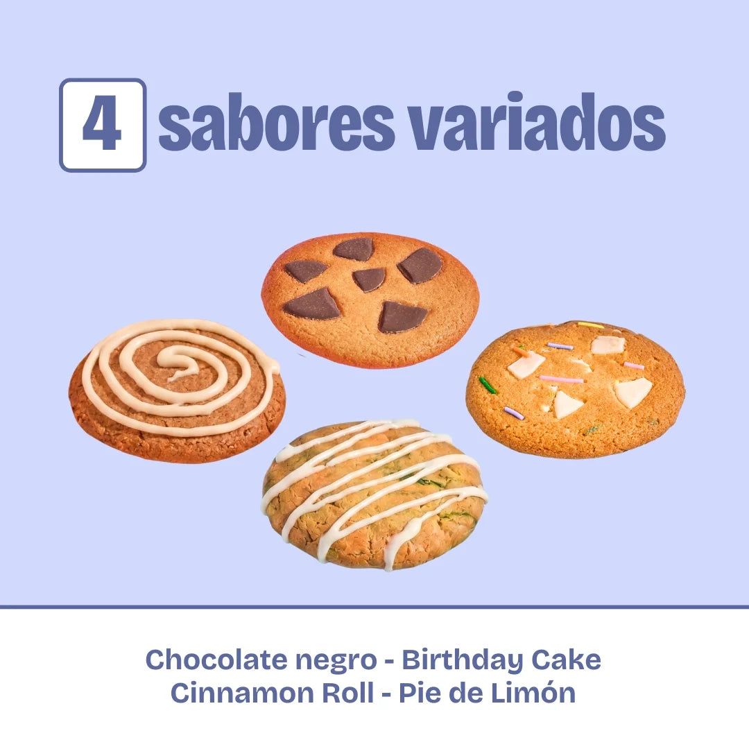 Combo de galletas con proteína, bajas en azúcar y bajas en calorías. Sabor: Birthday cake, pie de limón, chocolate negro, cinnamon roll