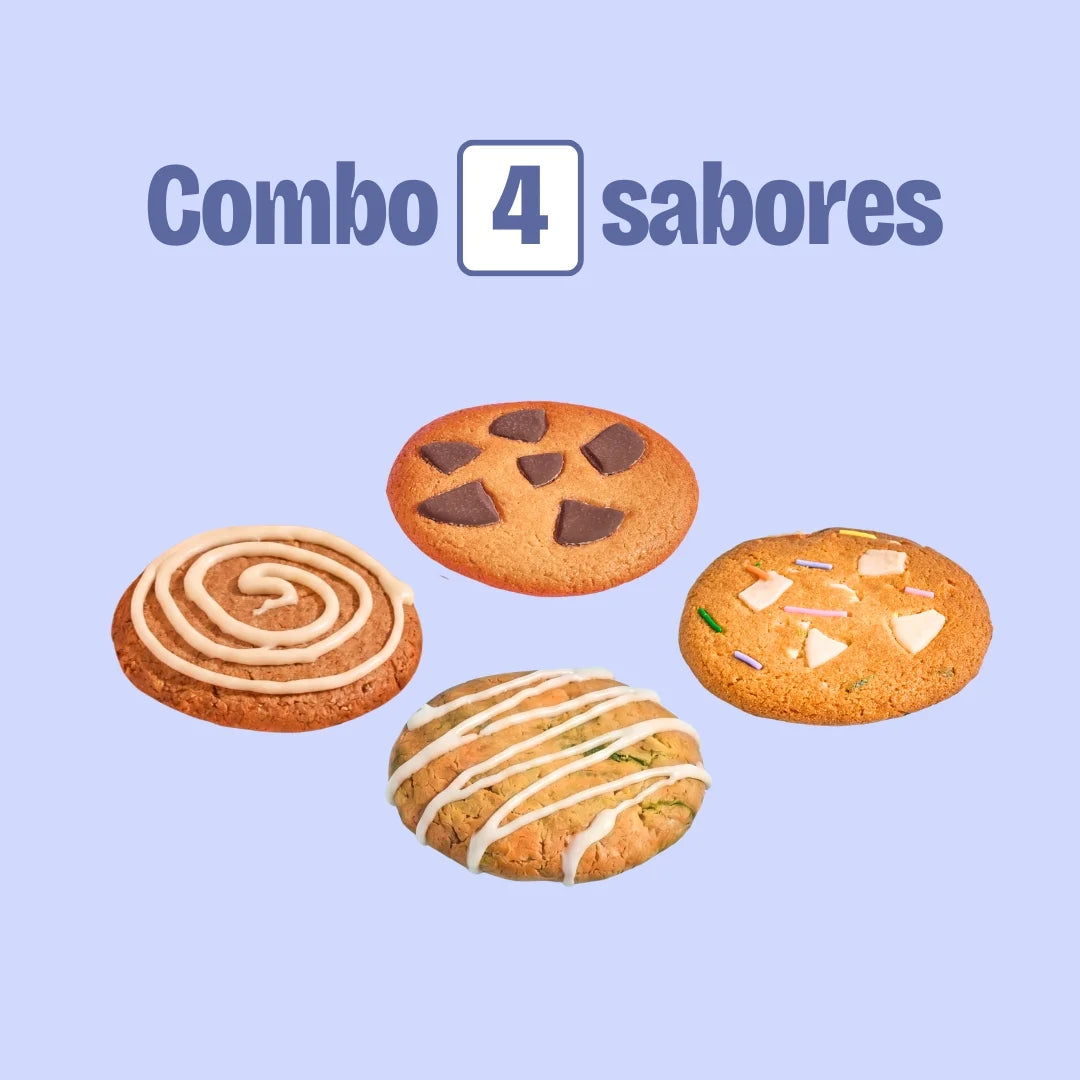 Combo 4 sabores de galleta con proteína sin azúcar. Sabor: Birthday cake, chocolate negro, pie de limón, cinnamon roll