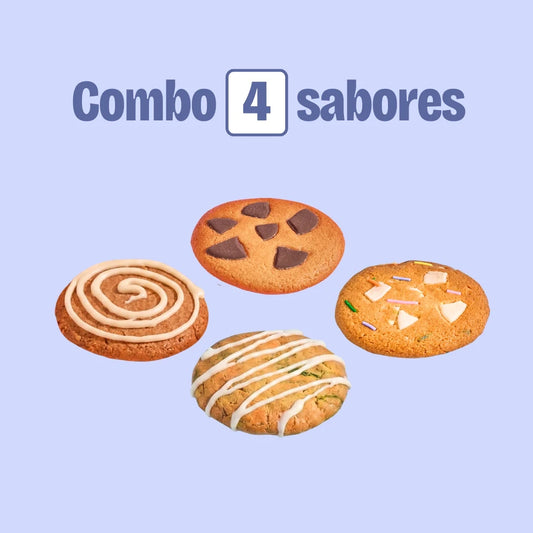 Combo 4 sabores de galleta con proteína sin azúcar. Sabor: Birthday cake, chocolate negro, pie de limón, cinnamon roll