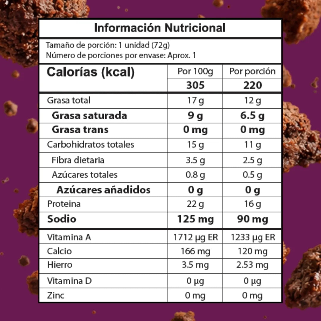 Tabla nutricional de brownie melcochudo de chocolate con proteína