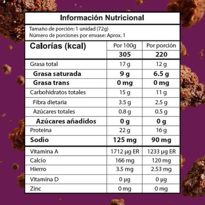 Tabla nutricional de brownie melcochudo de chocolate con proteína