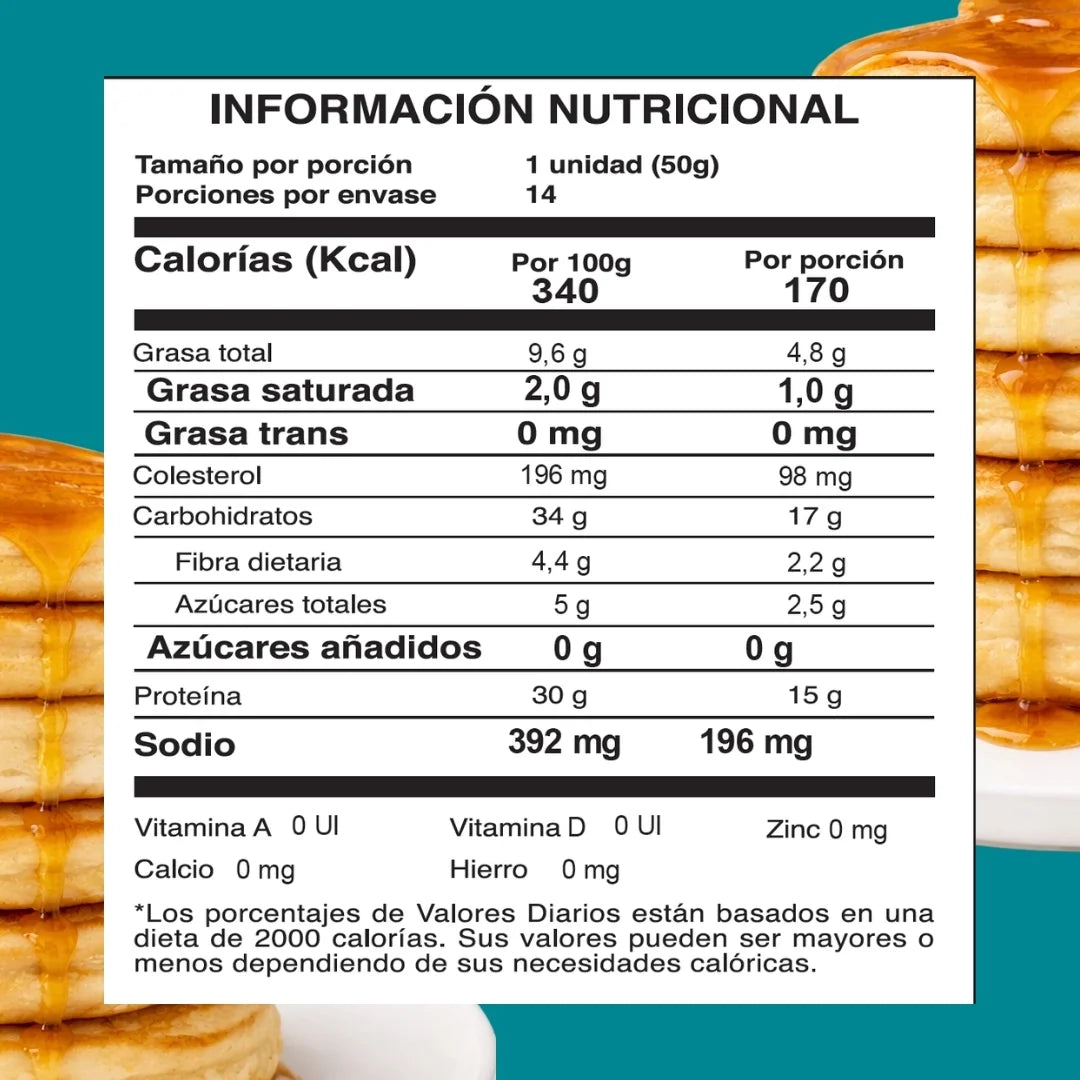 Tabla nutricional de pancakes de proteína esponjosos, sin azúcar, bajos en calorías, con sabores de arequipe, banano y vainilla