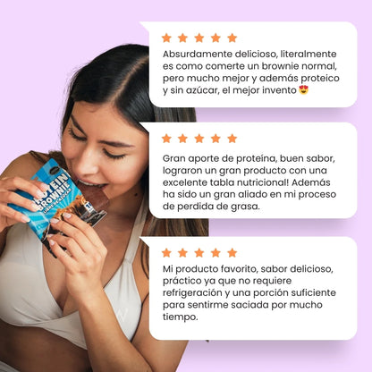 Testimonios de clientes que han probado el brownie con proteína, sin azúcar, bajo en calorías