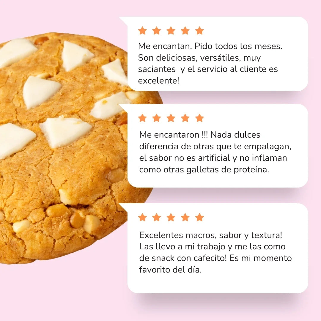 Testimonios de clientes que han probado la galleta con proteína alta en fibra, sin azúcar, con sabores de chocolate blanco, oreo o chocolate oscuro
