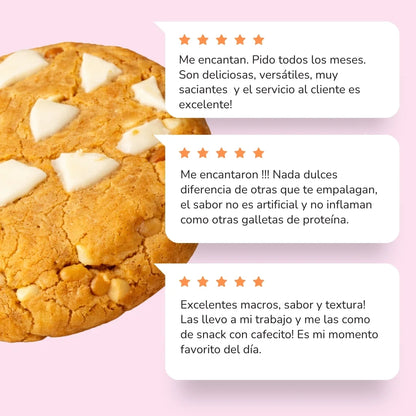 Testimonios de clientes que han probado la galleta con proteína alta en fibra, sin azúcar, con sabores de chocolate blanco, oreo o chocolate oscuro