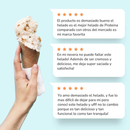 Testimonios de clientes que han probado  helados con proteína saludables, sin azúcar, bajos en caloría. De sabores a chocolate oscuro y yogurt con keto blondie