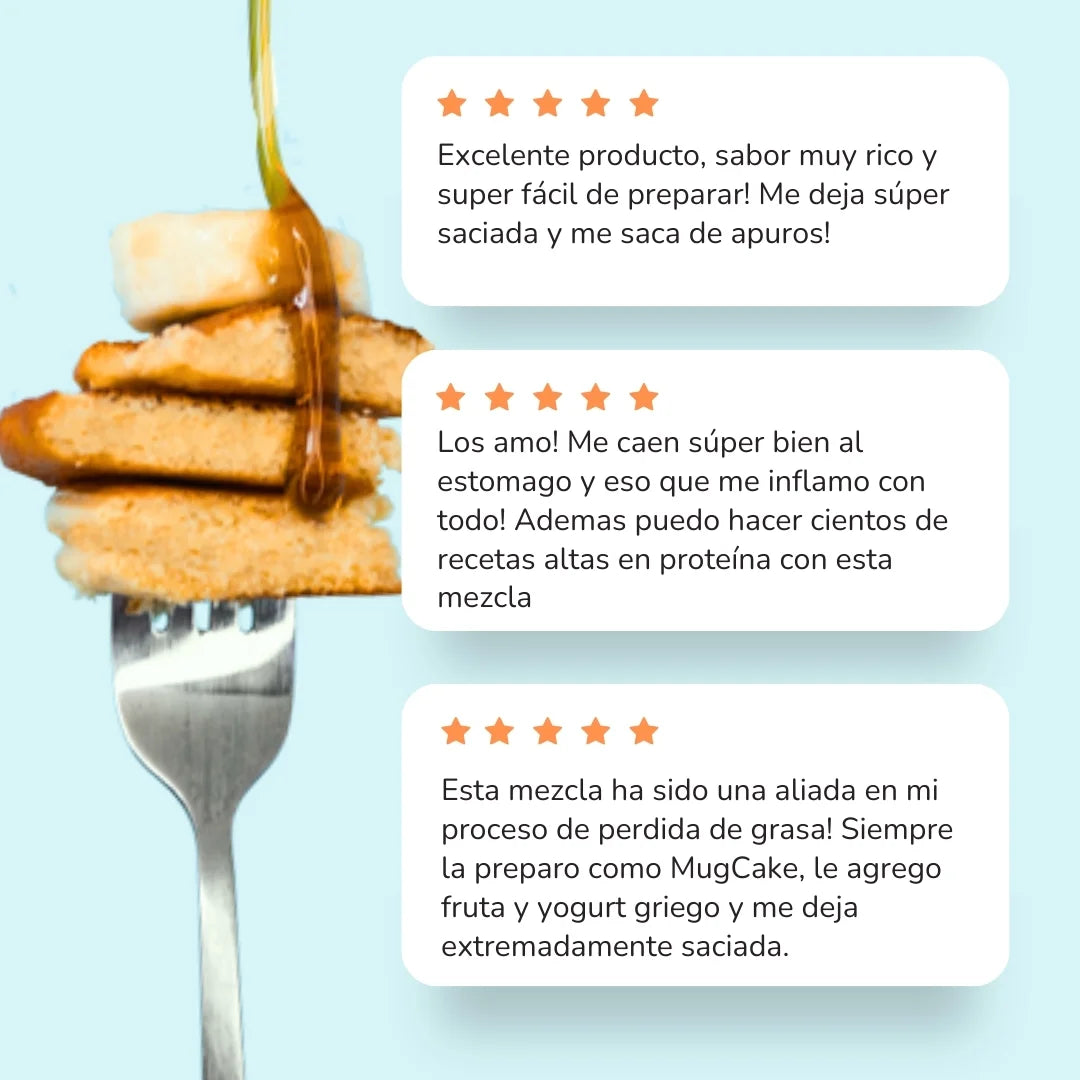 Testimonios de clientes que han probado los pancakes con proteína esponjosos, sin azúcar, bajos en calorías, con sabores de arequipe, banano y vainilla