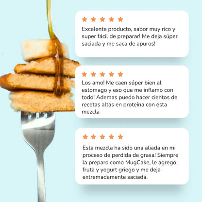 Testimonios de clientes que han probado los pancakes con proteína esponjosos, sin azúcar, bajos en calorías, con sabores de arequipe, banano y vainilla